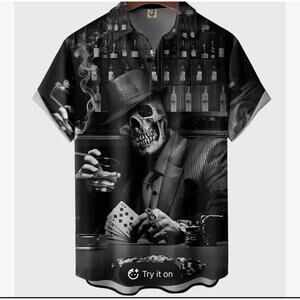 Nerd OutLoud Black Poker Skeleton Graphic Polo Shirt Men’s L